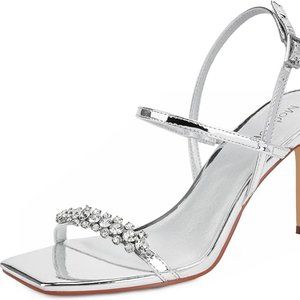 NEW Modatope Silver Strappy Heels Open Toe w/ Rhinestones